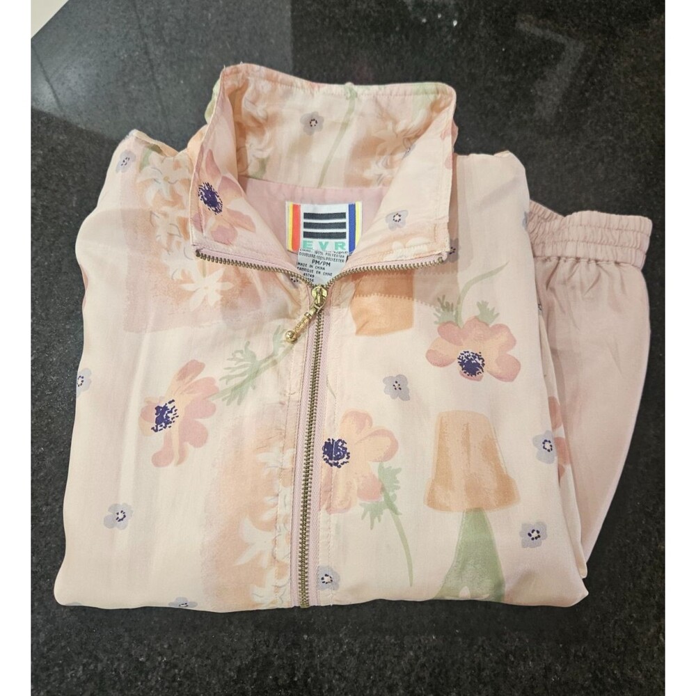 EVR Vintage Pink Silk Windbreaker Track Suit Pants Bomber Jacket Women's PM 90s